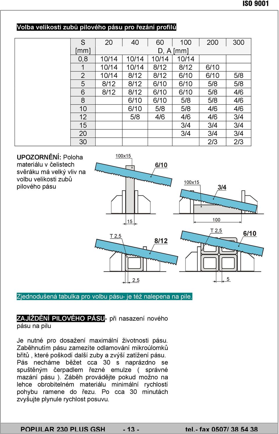 svěráku má velký vliv na volbu velikosti zubů pilového pásu 100x15 6/10 100x15 3/4 T 2,5 15 100 8/12 T 2,5 6/10 2,5 5 Zjednodušená tabulka pro volbu pásu- je též nalepena na pile.