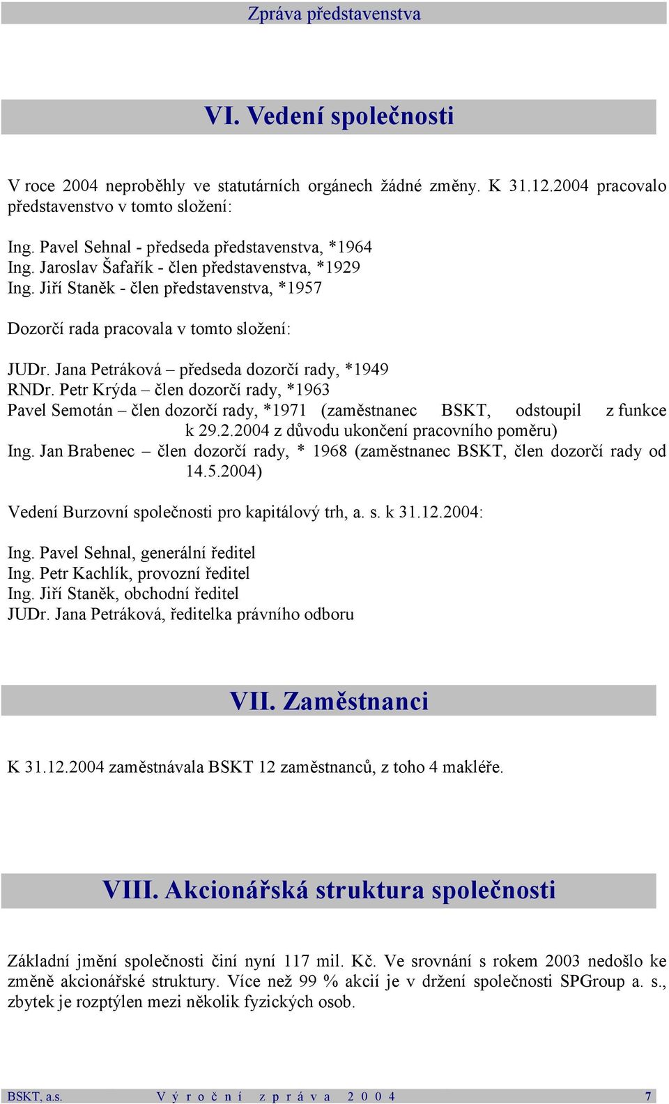 Jana Petráková předseda dozorčí rady, *1949 RNDr. Petr Krýda člen dozorčí rady, *1963 Pavel Semotán člen dozorčí rady, *1971 (zaměstnanec BSKT, odstoupil z funkce k 29