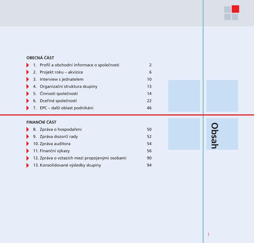 Dceřiné společnosti 22 7. EPC další oblast podnikání 46 FINANČNÍ ČÁST 8. Zpráva o hospodaření 50 9.