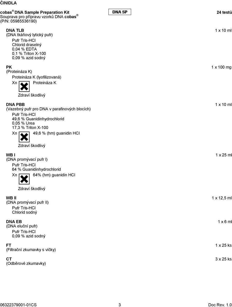 Tris-HCl 49,6 % Guanidinhydrochlorid 0,05 % Urea 17,3 % Triton X-100 Xn 49,6 % (hm) guanidin HCI 1 x 10 ml Zdraví škodlivý WB I (DNA promývací pufr I) Pufr Tris-HCl 64 % Guanidinhydrochlorid Xn 64%