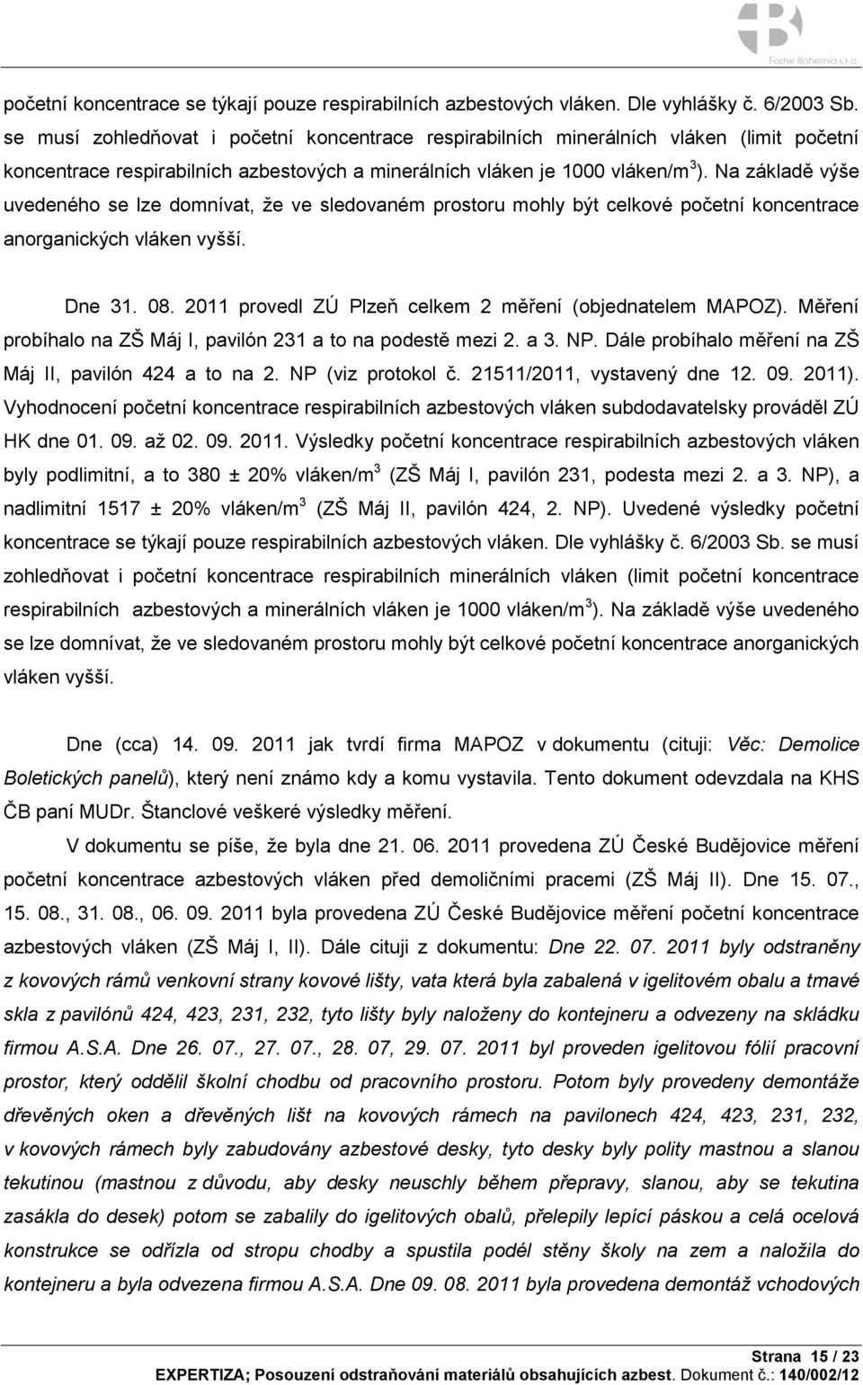 Na základě výše uvedeného se lze domnívat, že ve sledovaném prostoru mohly být celkové početní koncentrace anorganických vláken vyšší. Dne 31. 08.