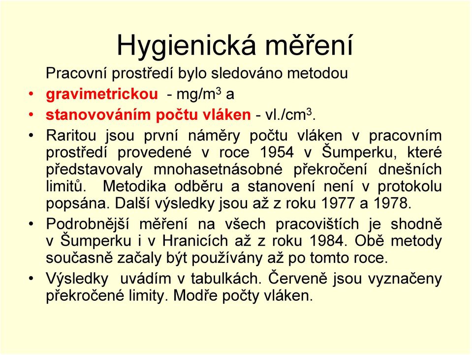 limitů. Metodika odběru a stanovení není v protokolu popsána. Další výsledky jsou až z roku 1977 a 1978.