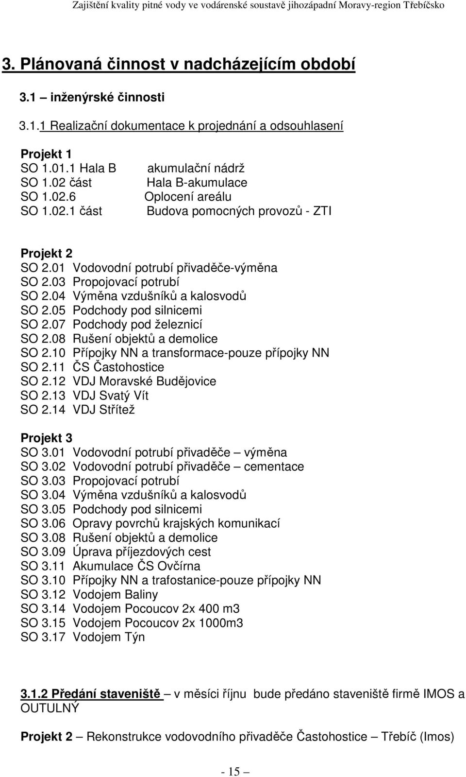 04 Výměna vzdušníků a kalosvodů SO 2.05 Podchody pod silnicemi SO 2.07 Podchody pod železnicí SO 2.08 Rušení objektů a demolice SO 2.10 Přípojky NN a transformace-pouze přípojky NN SO 2.