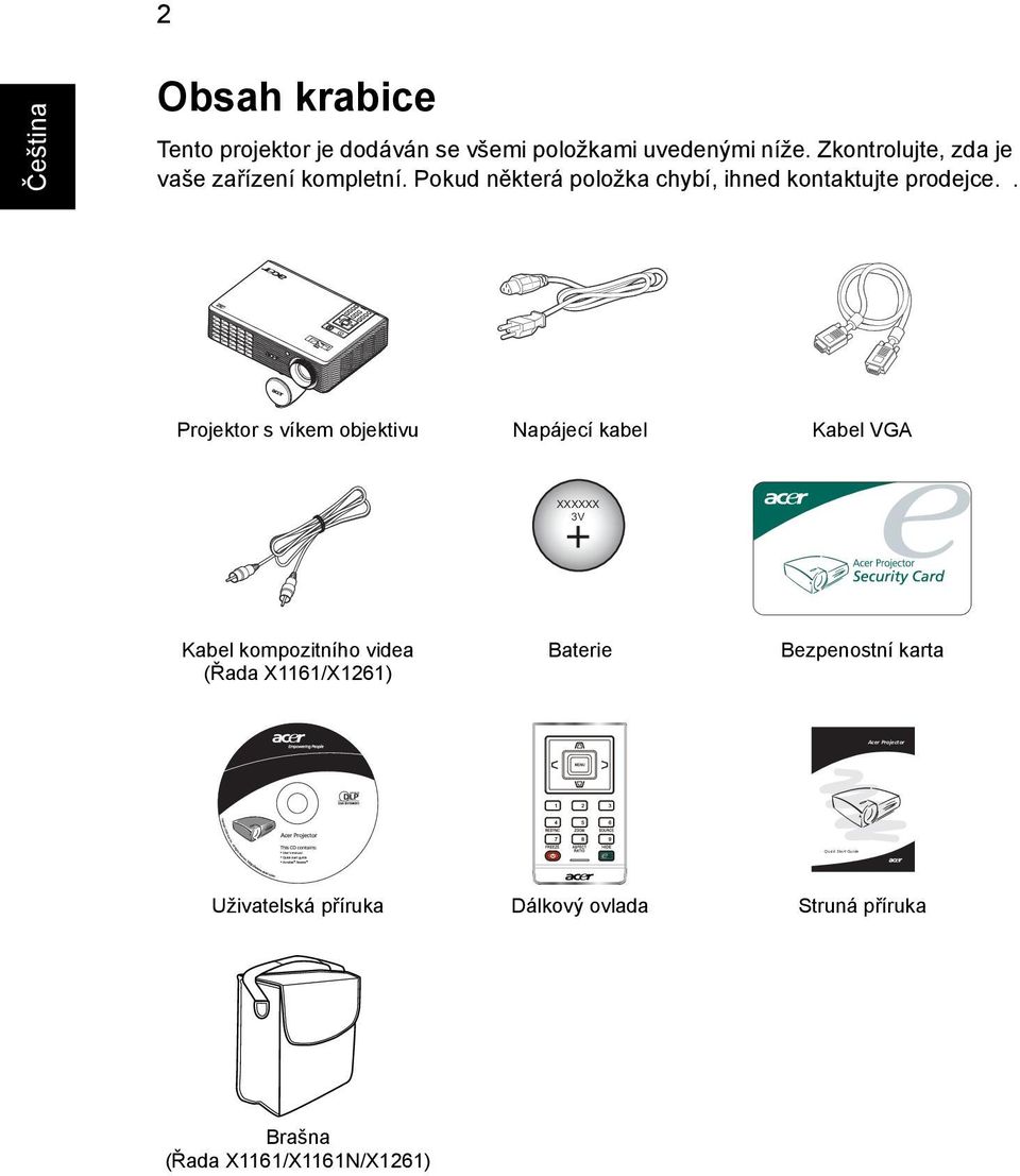 . Projektor s víkem objektivu Napájecí kabel Kabel VGA XXXXXX 3V Kabel kompozitního videa (Řada