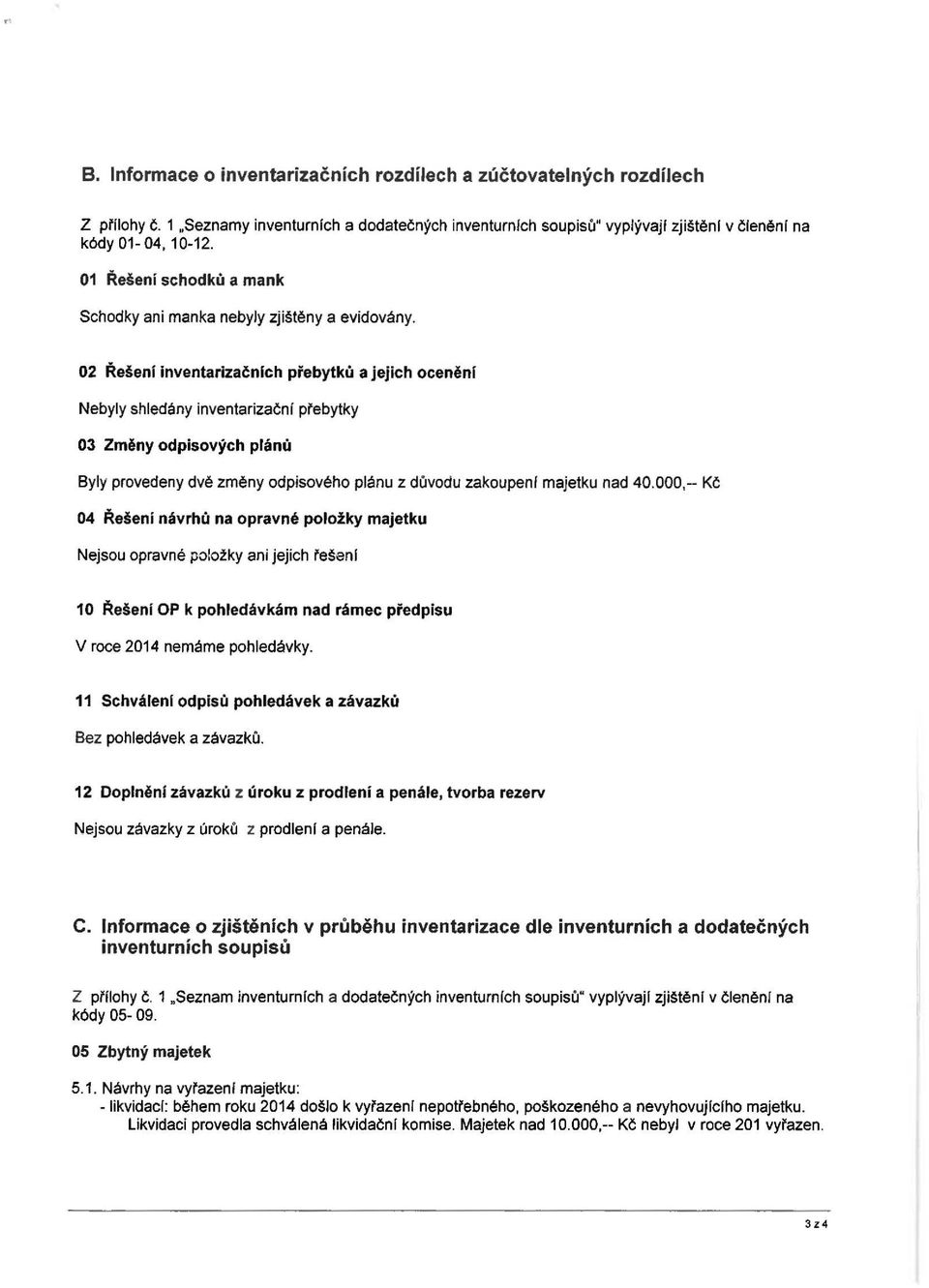 02 Řešení inventarlzačnlch přebytků a jejich oceněni Nebyly shledány inventarizačn l pfebytky 03 Změny odpisových plánů Byly provedeny dvě změny odpisového plánu z d ů vodu zakoupeni majetku nad 40.