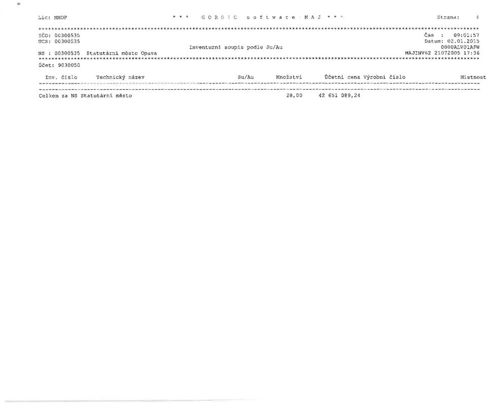 **** ** * *** IČO: 00300535 UCS: 00300535 NS : 00300535 Statutární měs to Opava Inventurní s oupis podle Su/Au čas : 09:01:57 Datum: 02. 01.