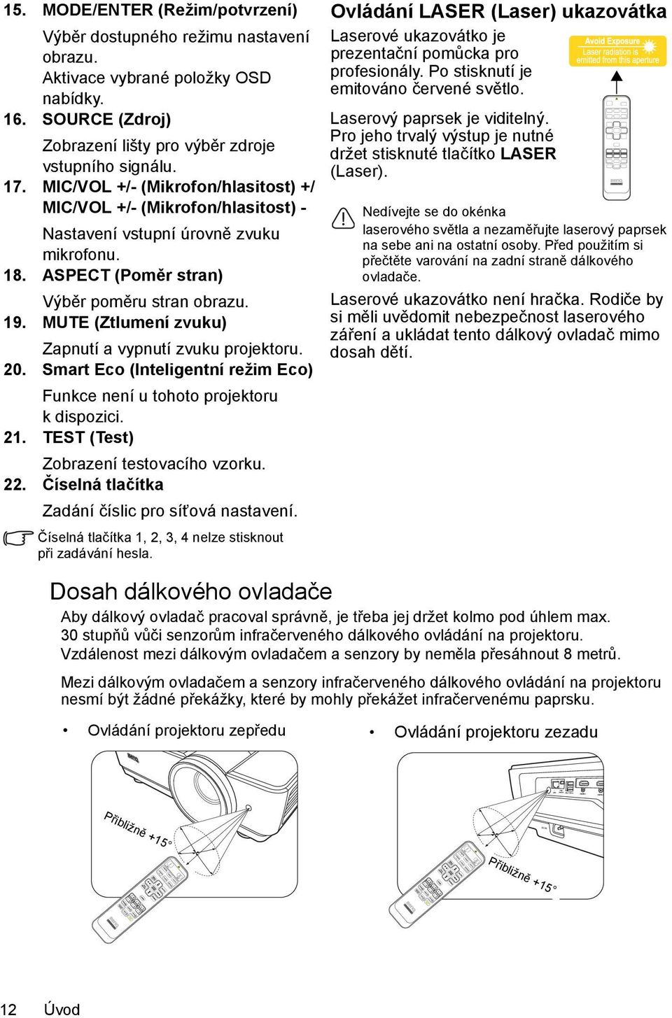 MUTE (Ztlumení zvuku) Zapnutí a vypnutí zvuku projektoru. 20. Smart Eco (Inteligentní režim Eco) Funkce není u tohoto projektoru kdispozici. 21. TEST (Test) Zobrazení testovacího vzorku. 22.