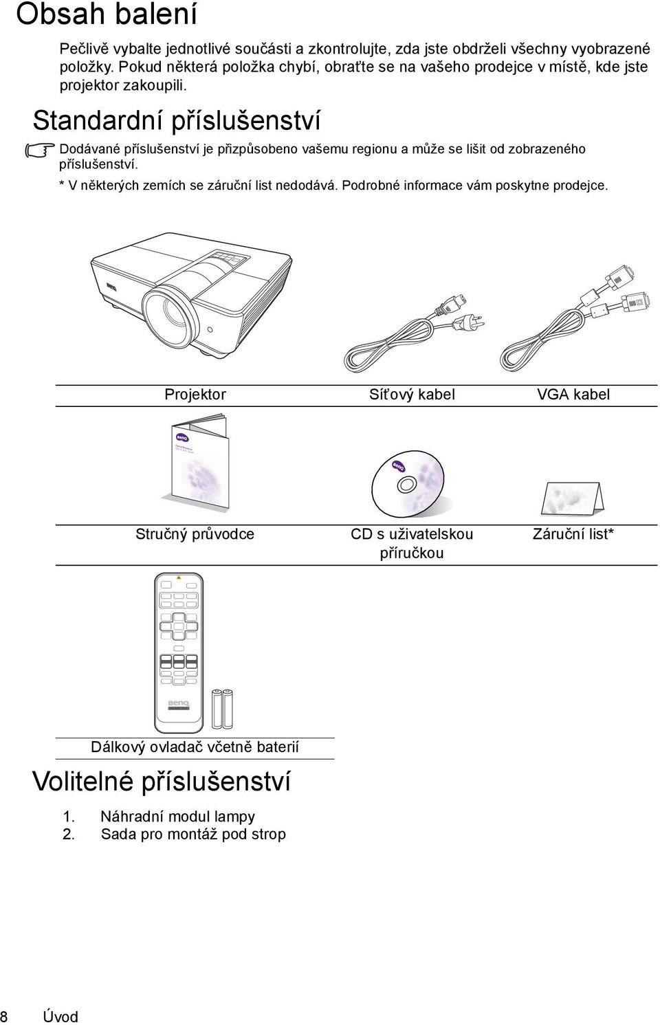 Standardní příslušenství Dodávané příslušenství je přizpůsobeno vašemu regionu a může se lišit od zobrazeného příslušenství.