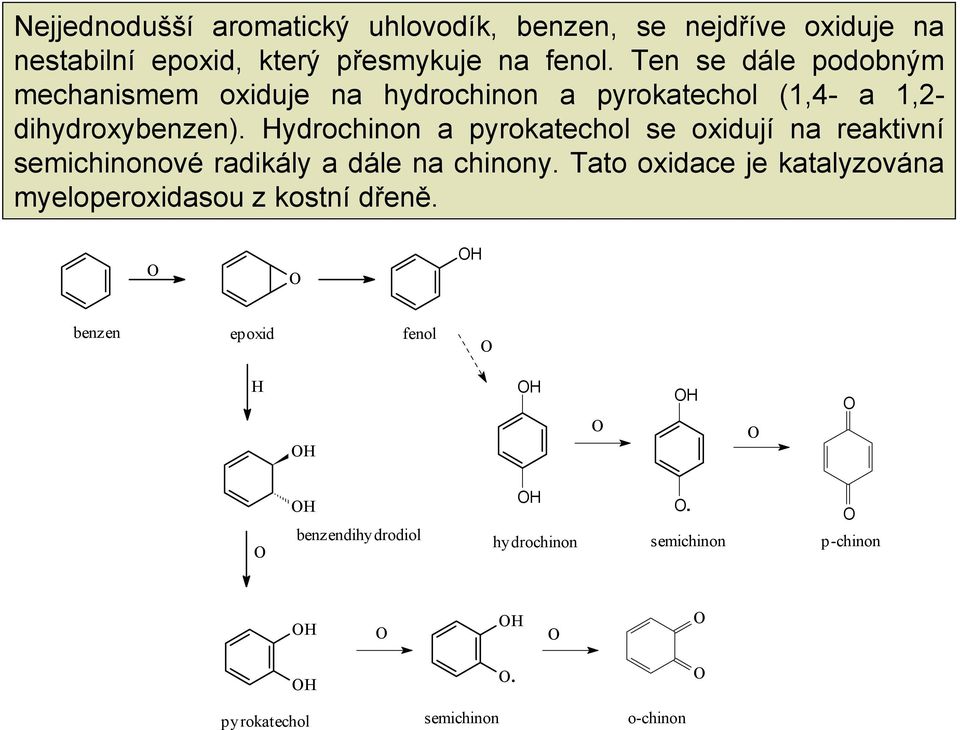 Hydrochinon a pyrokatechol se oxidují na reaktivní semichinonové radikály a dále na chinony.