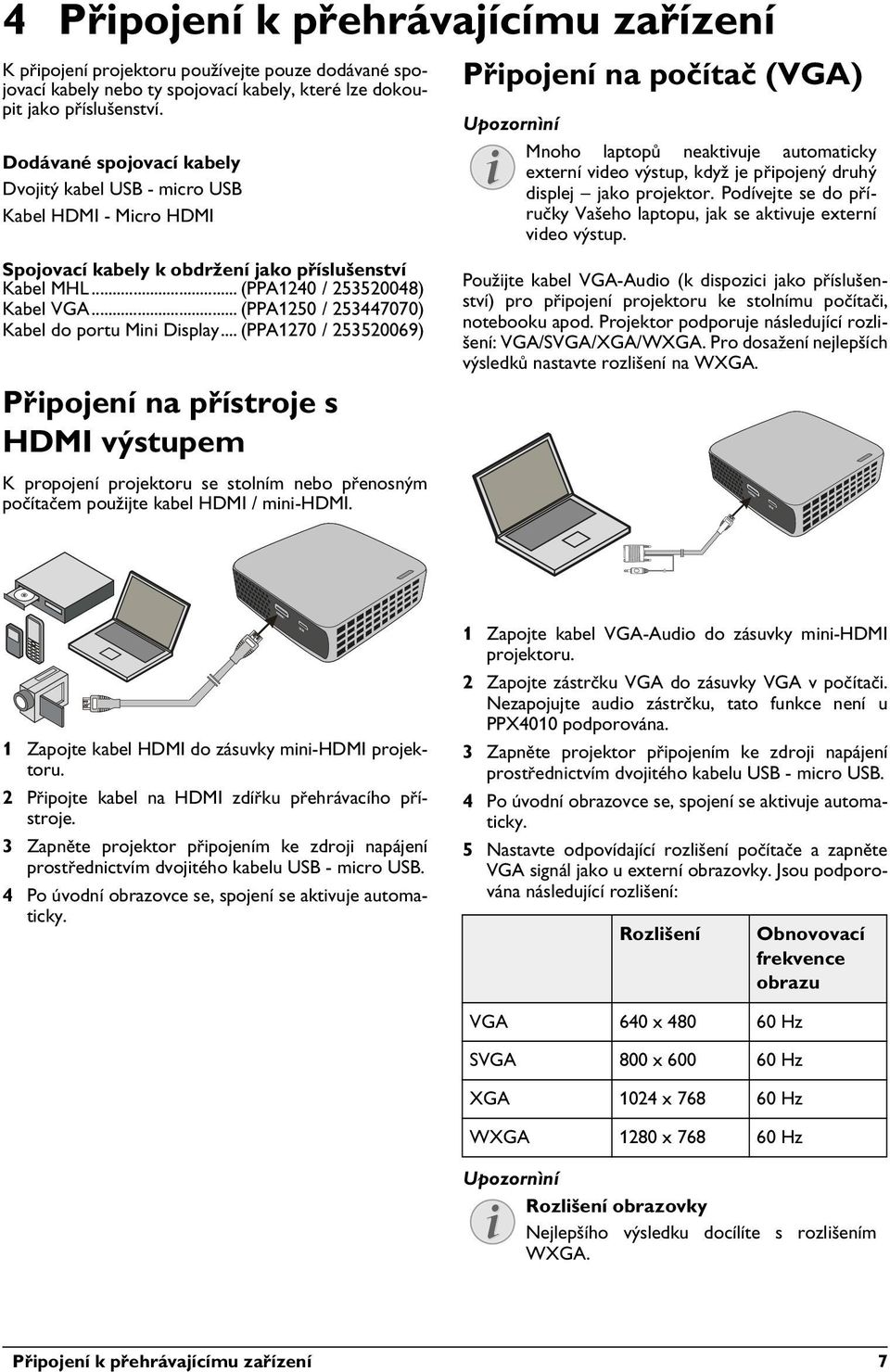 druhý displej jako projektor. Podívejte se do příručky Vašeho laptopu, jak se aktivuje externí video výstup. Spojovací kabely k obdržení jako příslušenství Kabel MHL... (PPA1240 / 253520048) Kabel VGA.