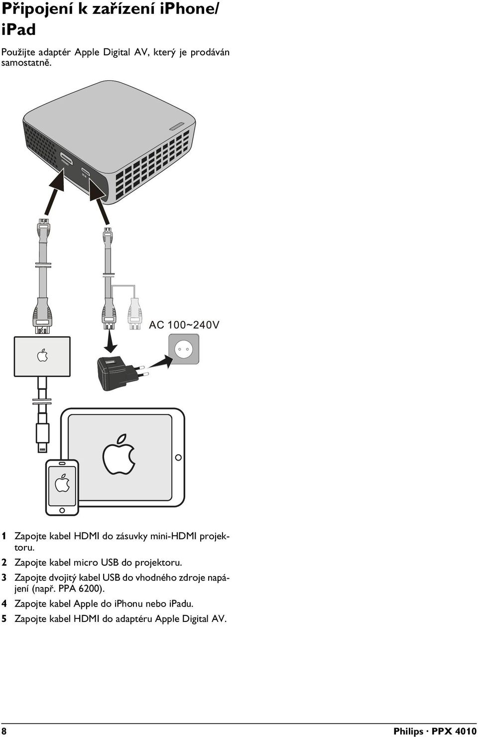 2 Zapojte kabel micro USB do projektoru.
