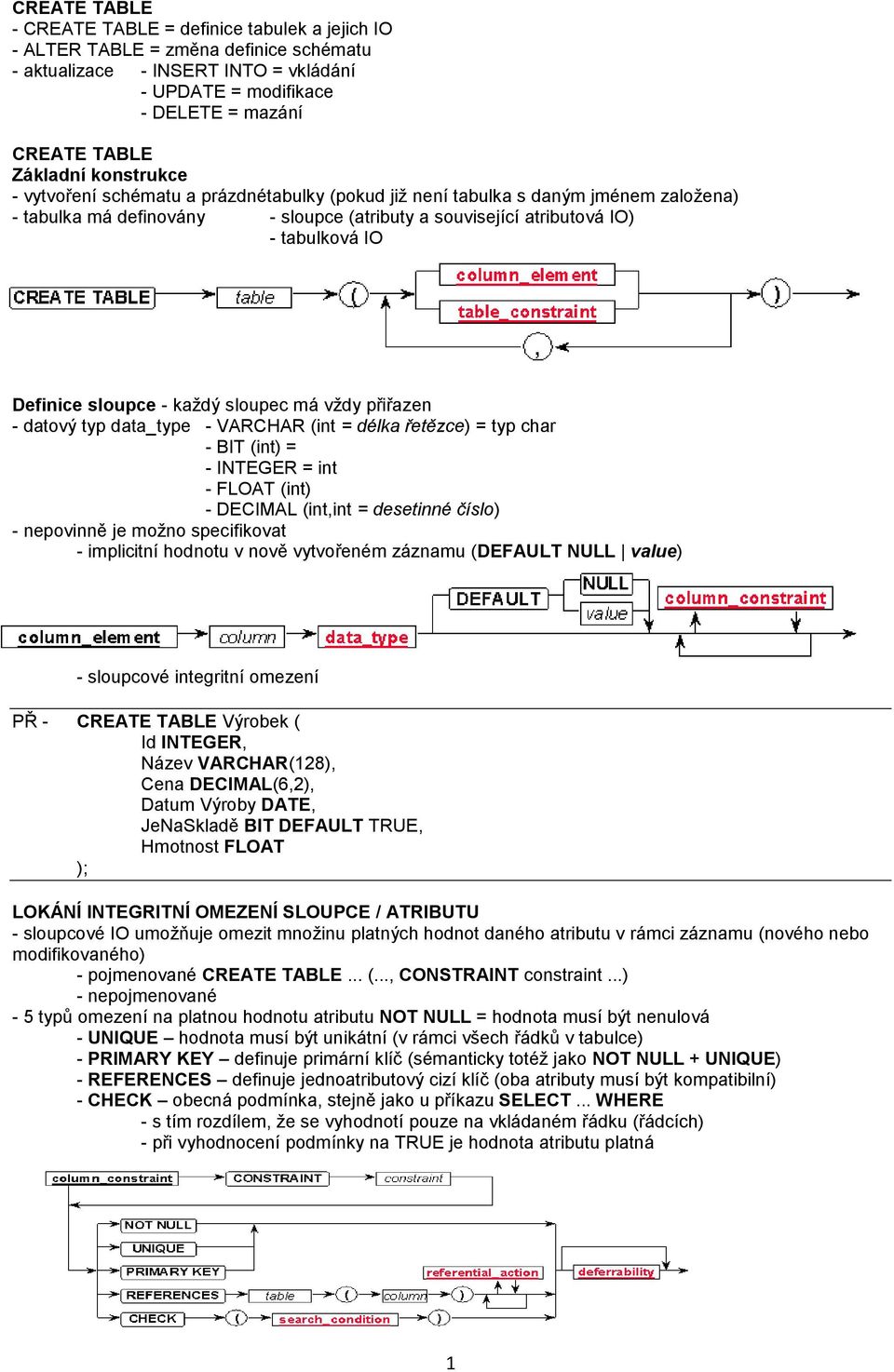 sloupce - každý sloupec má vždy přiřazen - datový typ data_type - VARCHAR (int = délka řetězce) = typ char - BIT (int) = - INTEGER = int - FLOAT (int) - DECIMAL (int,int = desetinné číslo) -
