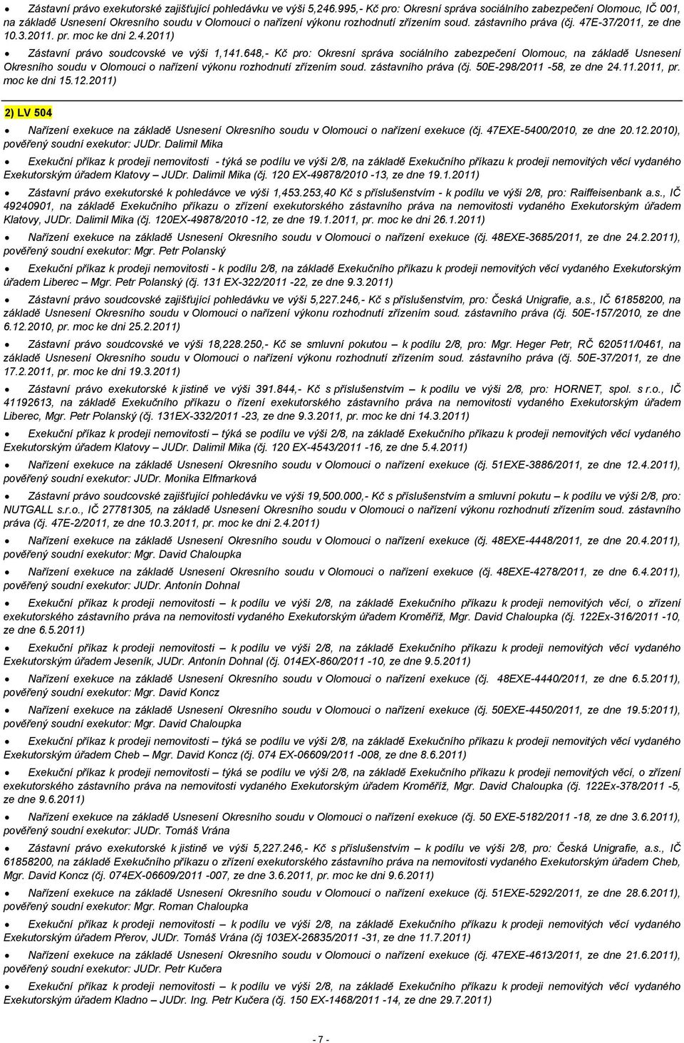 47E-37/2011, ze dne 10.3.2011. pr. moc ke dni 2.4.2011) Zástavní právo soudcovské ve výši 1,141.