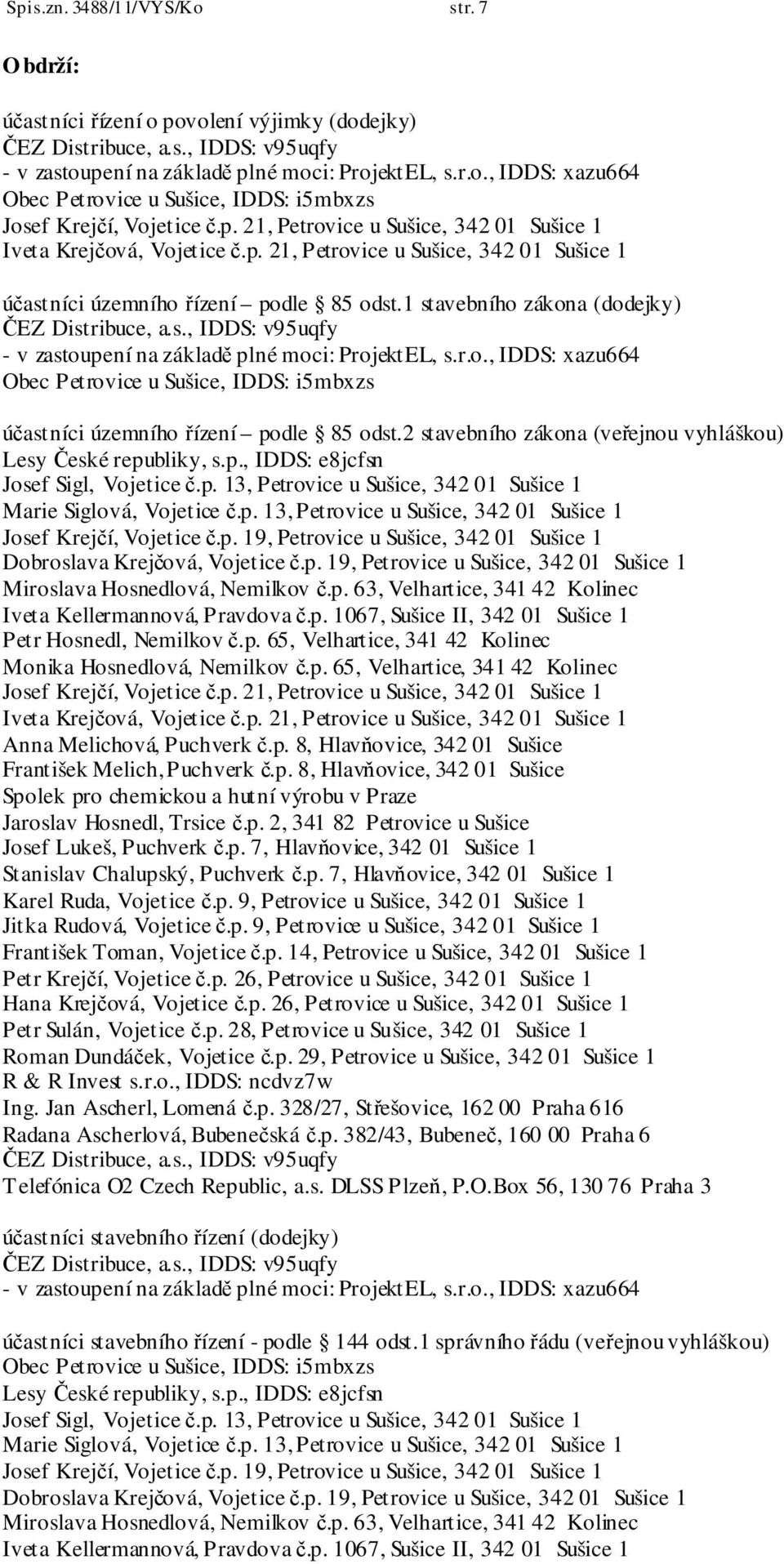 1 stavebního zákona (dodejky) - v zastoupení na základě plné moci: ProjektEL, s.r.o., IDDS: xazu664 Obec Petrovice u Sušice, IDDS: i5mbxzs účastníci územního řízení podle 85 odst.