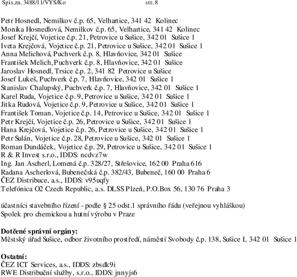 p. 7, Hlavňovice, 342 01 Sušice 1 Stanislav Chalupský, Puchverk č.p. 7, Hlavňovice, 342 01 Sušice 1 Karel Ruda, Vojetice č.p. 9, Petrovice u Sušice, 342 01 Sušice 1 Jitka Rudová, Vojetice č.p. 9, Petrovice u Sušice, 342 01 Sušice 1 František Toman, Vojetice č.