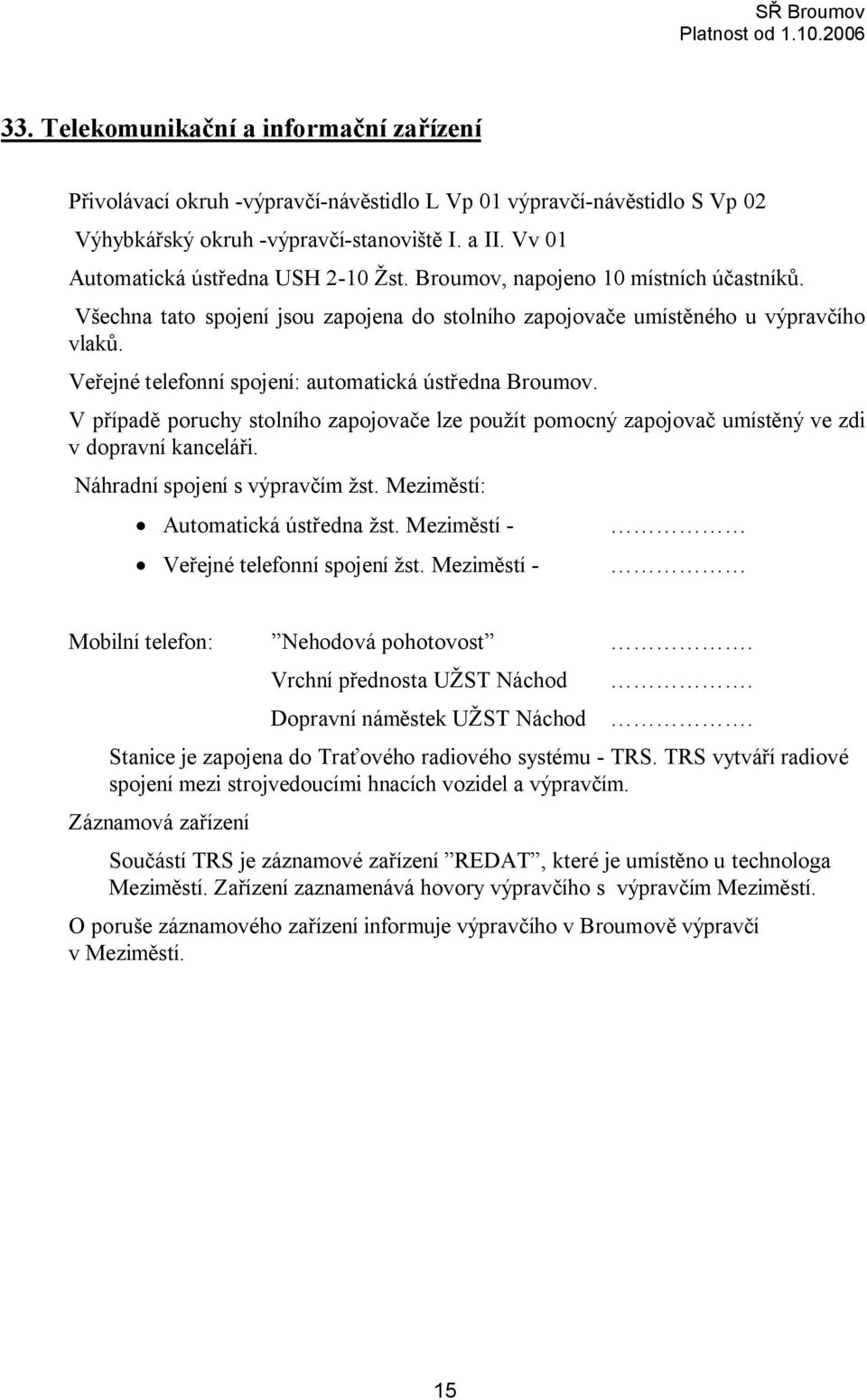 Veřejné telefonní spojení: automatická ústředna Broumov. V případě poruchy stolního zapojovače lze použít pomocný zapojovač umístěný ve zdi v dopravní kanceláři. Náhradní spojení s výpravčím žst.