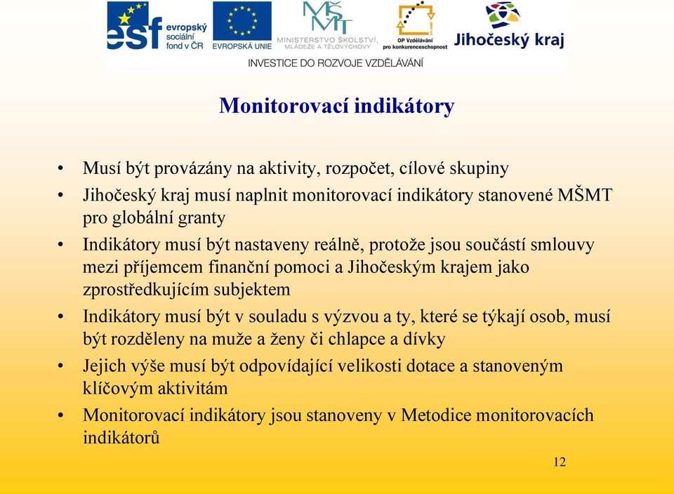 zprostředkujícím subjektem Indikátory musí být v souladu s výzvou a ty, které se týkají osob, musí být rozděleny na muţe a ţeny či chlapce a dívky