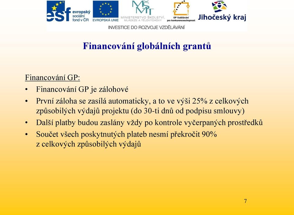 30-ti dnů od podpisu smlouvy) Další platby budou zaslány vţdy po kontrole vyčerpaných