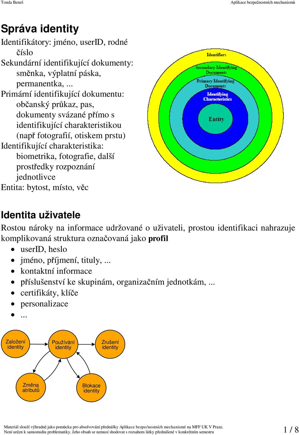 fotografie, další prost edky rozpoznání jednotlivce Entita: bytost, místo, v c Identita uživatele Rostou nároky na informace udržované o uživateli, prostou identifikaci nahrazuje komplikovaná