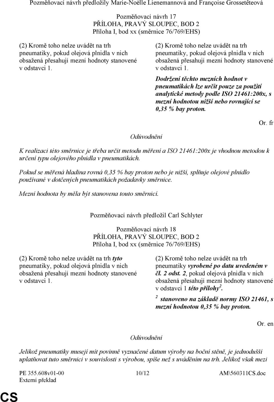 (2) Kromě toho nelze  Dodržení těchto mezních hodnot v pneumatikách lze určit pouze za použití analytické metody podle ISO 21461:200x, s mezní hodnotou nižší nebo rovnající se 0,35 % bay proton. Or.