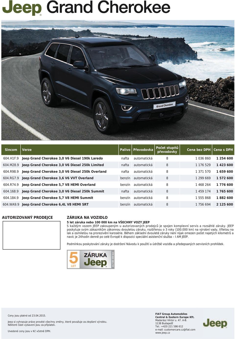 9 Jeep Grand Cherokee 3,6 V6 VVT Overland benzín automatická 8 1 299 669 1 572 600 604.R74.9 Jeep Grand Cherokee 5,7 V8 HEMI Overland benzín automatická 8 1 468 264 1 776 600 604.168.