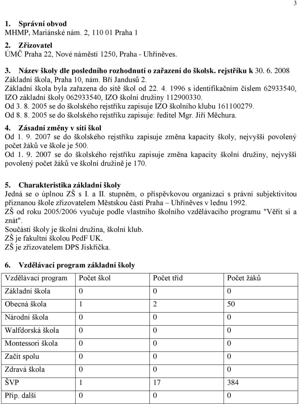 1996 s identifikačním číslem 62933540, IZO základní školy 062933540, IZO školní družiny 112900330. Od 3. 8. 2005 se do školského rejstříku zapisuje IZO školního klubu 161100279. Od 8. 8. 2005 se do školského rejstříku zapisuje: ředitel Mgr.