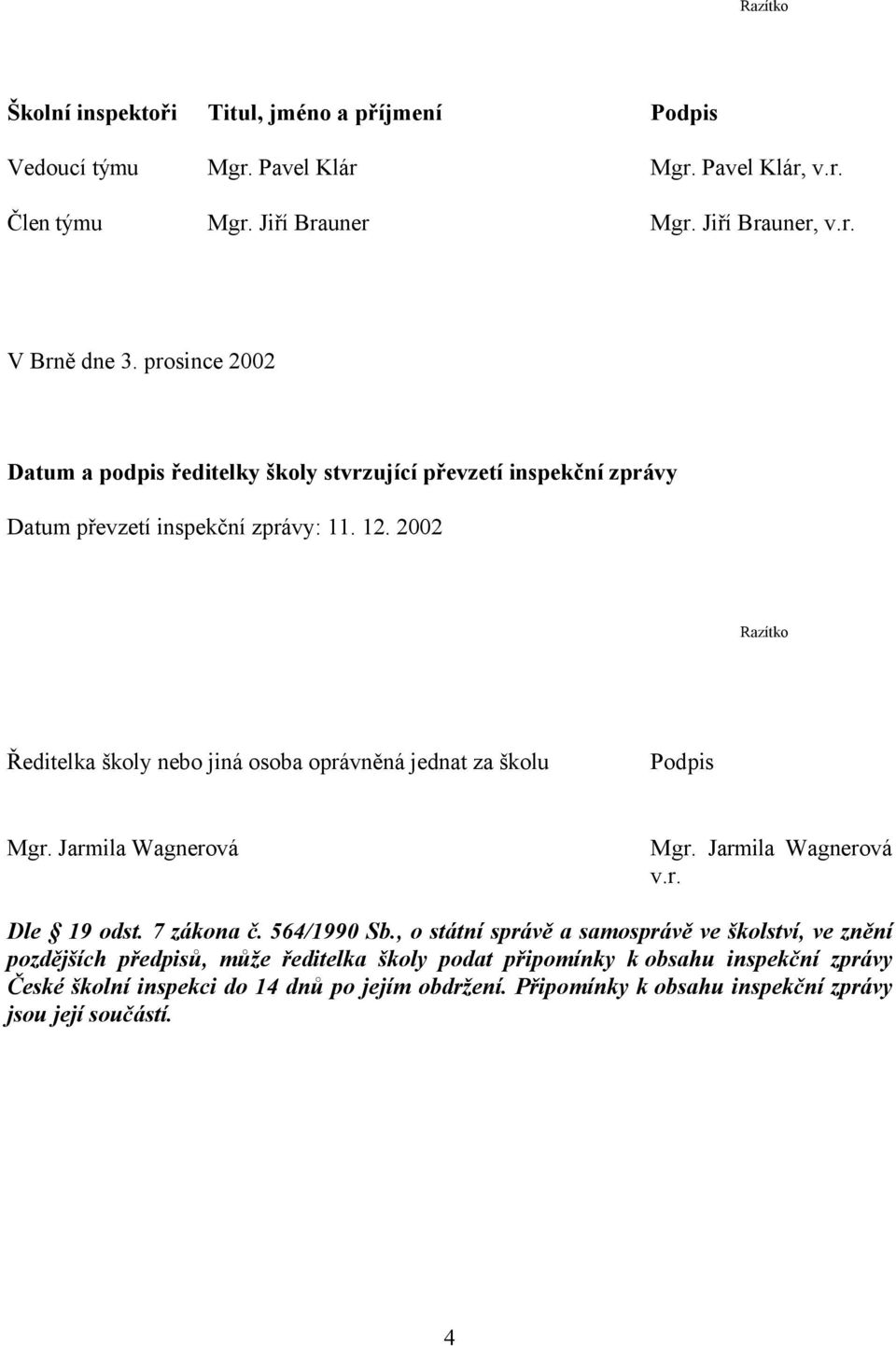 2002 Razítko Ředitelka školy nebo jiná osoba oprávněná jednat za školu Podpis Mgr. Jarmila Wagnerová Mgr. Jarmila Wagnerová v.r. Dle 19 odst. 7 zákona č. 564/1990 Sb.