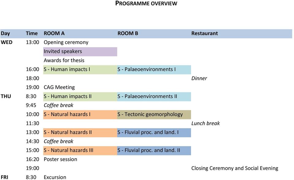 Natural hazards I S - Tectonic geomorphology 11:30 Lunch break 13:00 S - Natural hazards II S - Fluvial proc. and land.