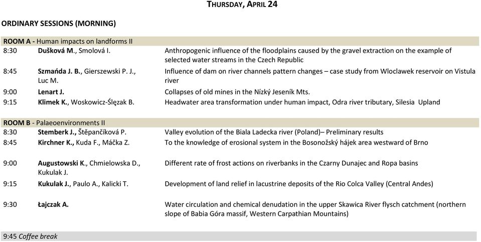 Influence of dam on river channels pattern changes case study from Wloclawek reservoir on Vistula river 9:00 Lenart J. Collapses of old mines in the Nízký Jeseník Mts. 9:15 Klimek K.