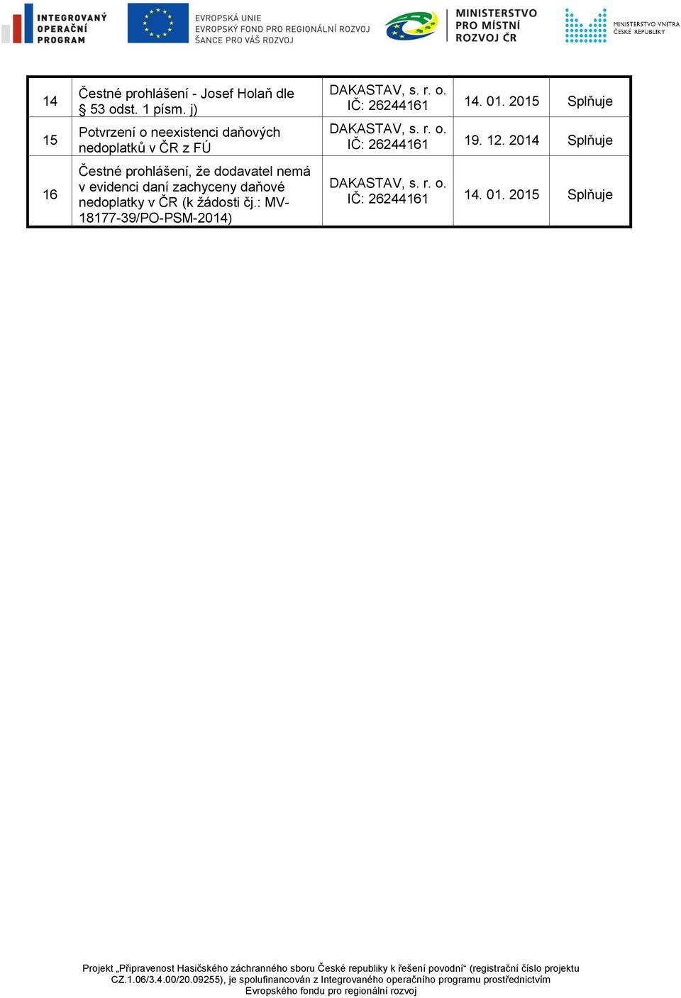 daňové nedoplatky v ČR (k žádosti čj.: MV- 18177-39/PO-PSM-2014) DAKASTAV, s. r. o.