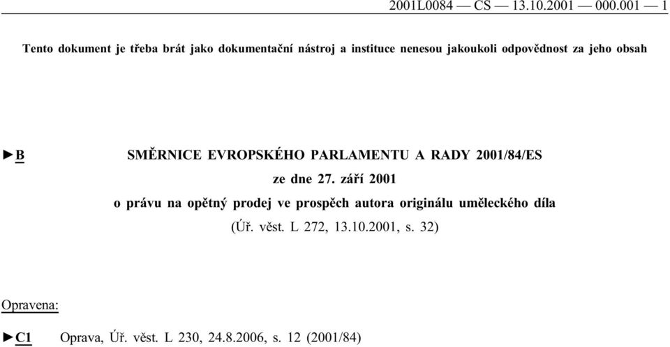 odpovědnost za jeho obsah B SMĚRNICE EVROPSKÉHO PARLAMENTU A RADY 2001/84/ES ze dne 27.