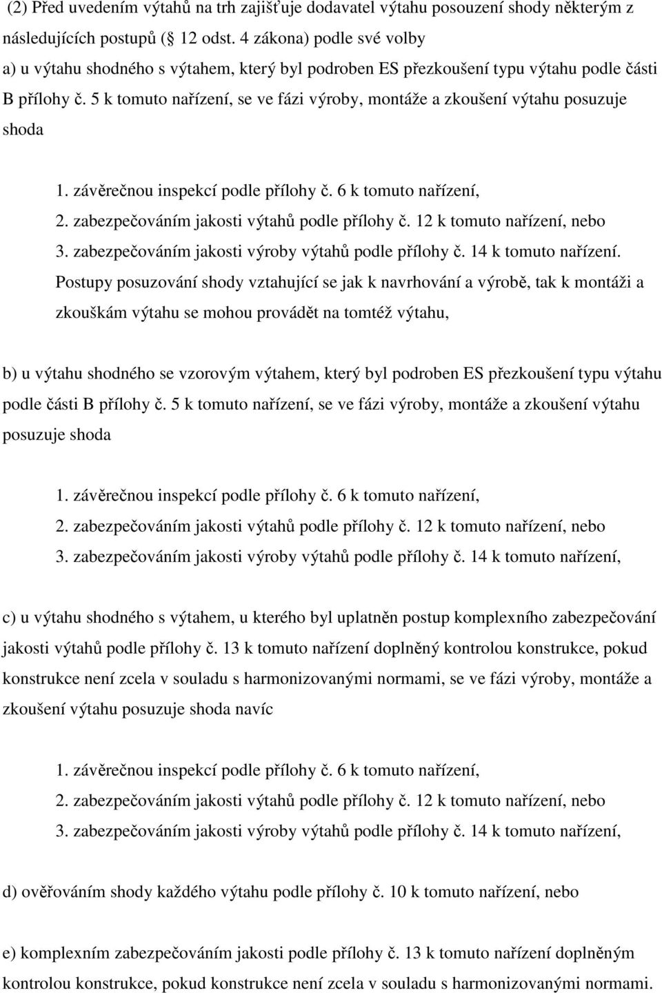 5 k tomuto nařízení, se ve fázi výroby, montáže a zkoušení výtahu posuzuje shoda 1. závěrečnou inspekcí podle přílohy č. 6 k tomuto nařízení, 2. zabezpečováním jakosti výtahů podle přílohy č.