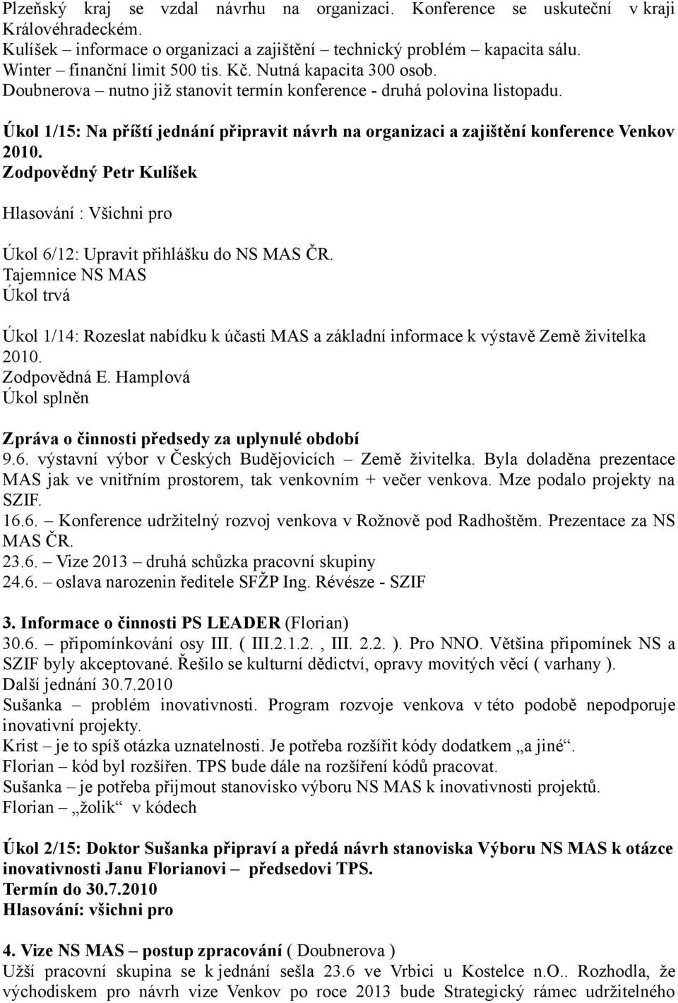 Úkol 1/15: Na příští jednání připravit návrh na organizaci a zajištění konference Venkov 2010. Zodpovědný Petr Kulíšek Hlasování : Všichni pro Úkol 6/12: Upravit přihlášku do NS MAS ČR.