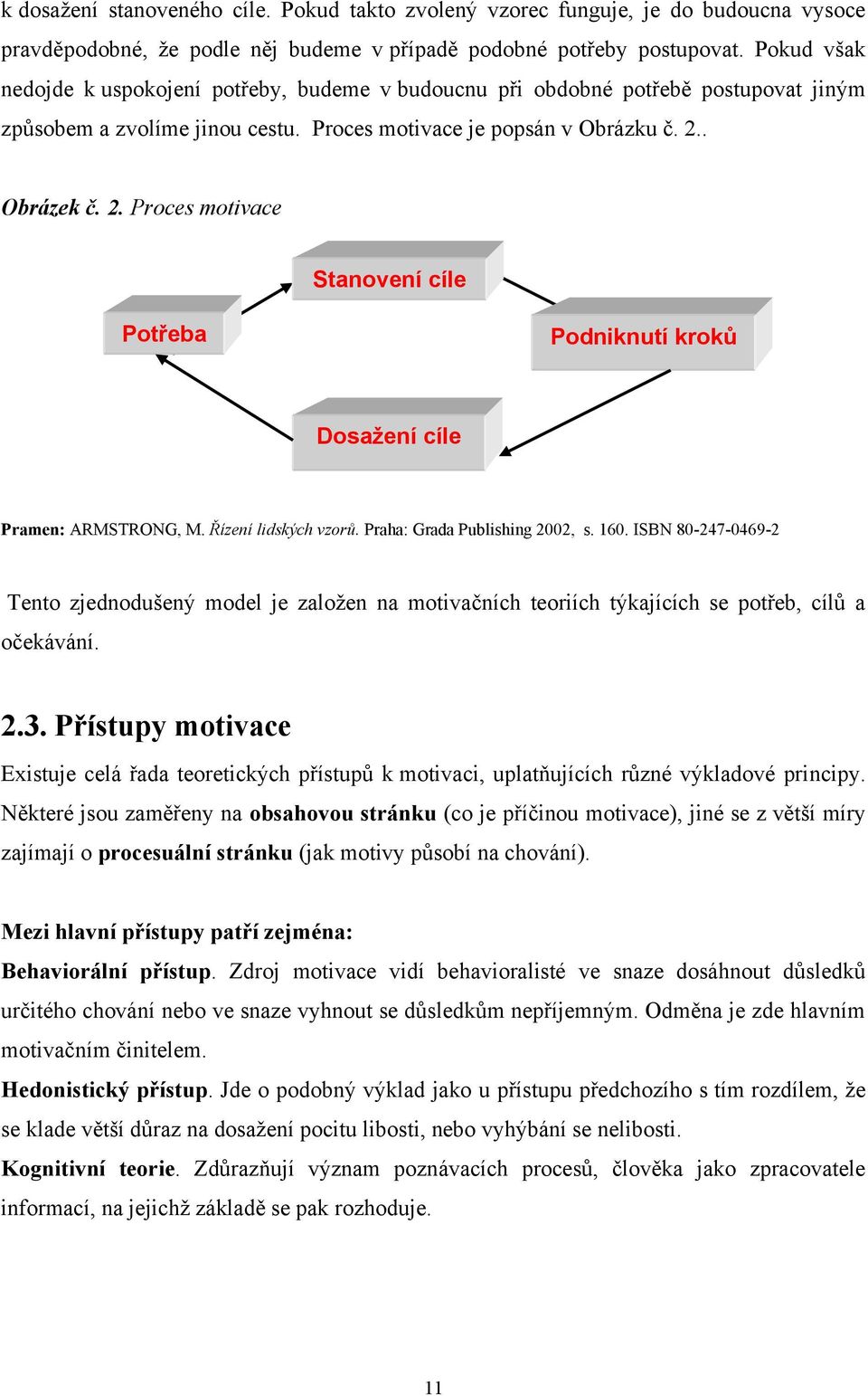 . Obrázek č. 2. Proces motivace Stanovení cíle Potřeba Podniknutí kroků Dosažení cíle Pramen: ARMSTRONG, M. Řízení lidských vzorů. Praha: Grada Publishing 2002, s. 160.