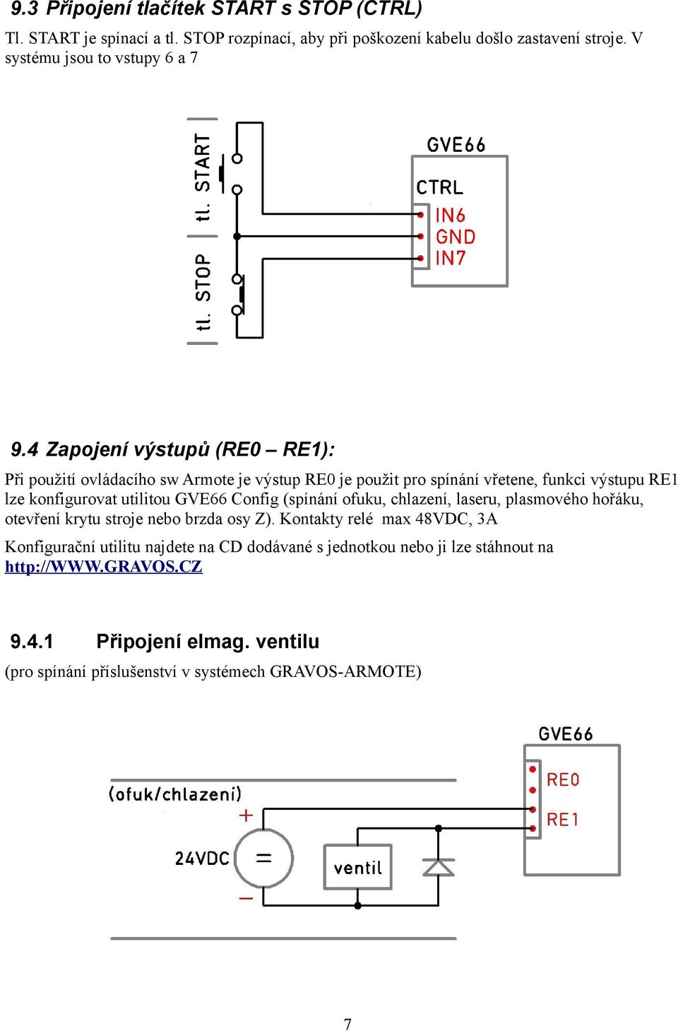 4 Zapojení výstupů (RE0 RE1): Při použití ovládacího sw Armote je výstup RE0 je použit pro spínání vřetene, funkci výstupu RE1 lze konfigurovat utilitou GVE66