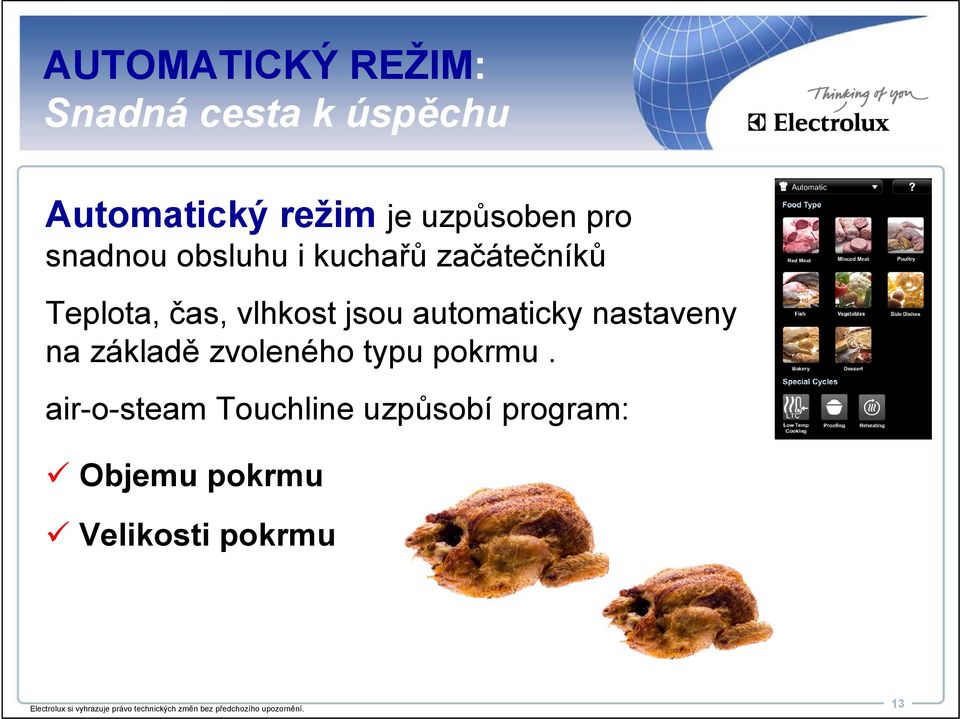 vlhkost jsou automaticky nastaveny na základě zvoleného typu pokrmu.