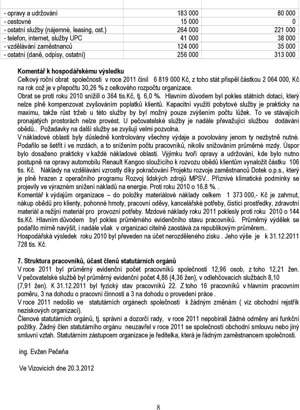 roční obrat společnosti v roce 2011 činil 6 819 000 Kč, z toho stát přispěl částkou 2 064 000, Kč na rok což je v přepočtu 30,26 % z celkového rozpočtu organizace.