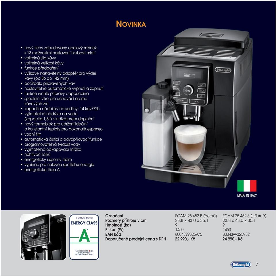 káv/72h vyjímatelná nádržka na vodu (kapacita:1,8 l) s indikátorem doplnění nový termoblok pro udržení ideální a konstantní teploty pro dokonalé espresso vodní filtr automatická čisticí a odvápňovací