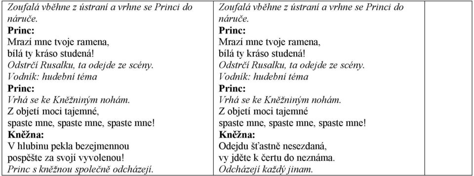 Princ s kněžnou společně odcházejí.  Vrhá se ke Kněžniným nohám. Z objetí moci tajemné spaste mne, spaste mne, spaste mne!