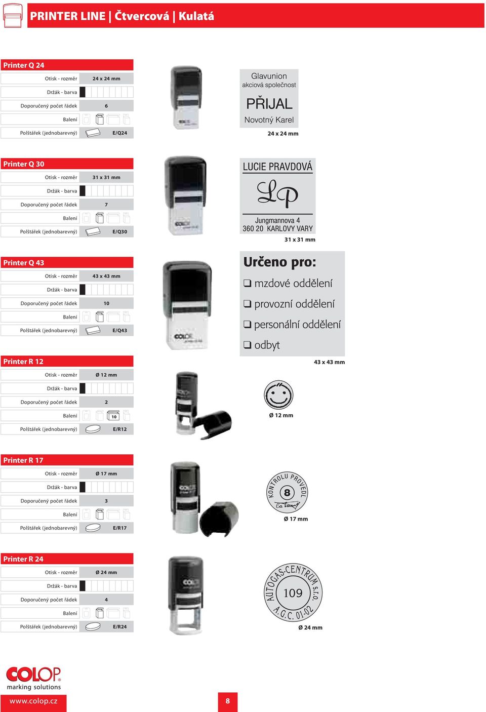 řádek 10 E/Q43 Printer R 12 43 x 43 mm Ø 12 mm Doporučený počet řádek 2 Ø 12 mm E/R12 Printer R 17