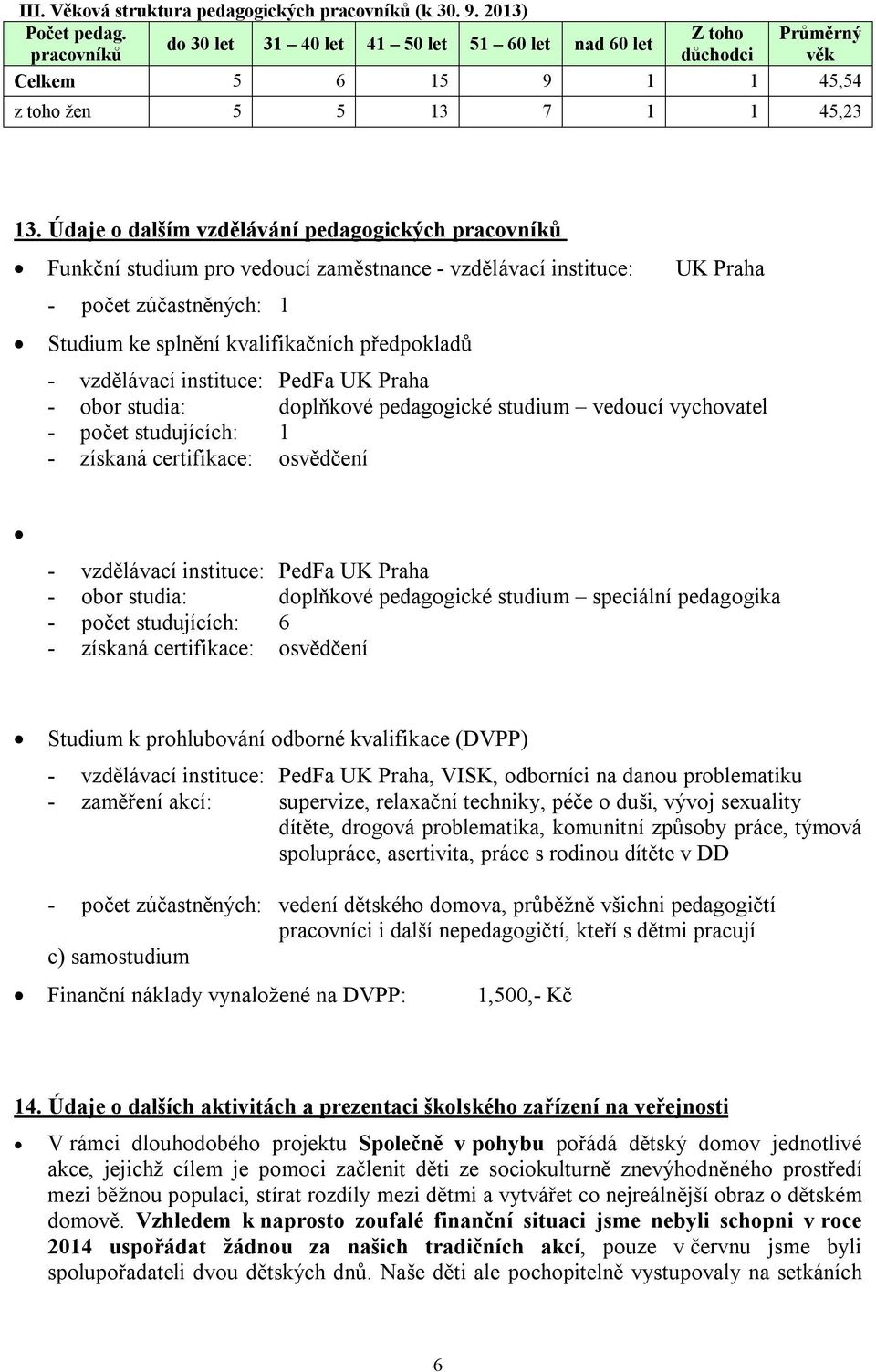 Údaje o dalším vzdělávání pedagogických pracovníků Funkční studium pro vedoucí zaměstnance - vzdělávací instituce: UK Praha - počet zúčastněných: 1 Studium ke splnění kvalifikačních předpokladů -