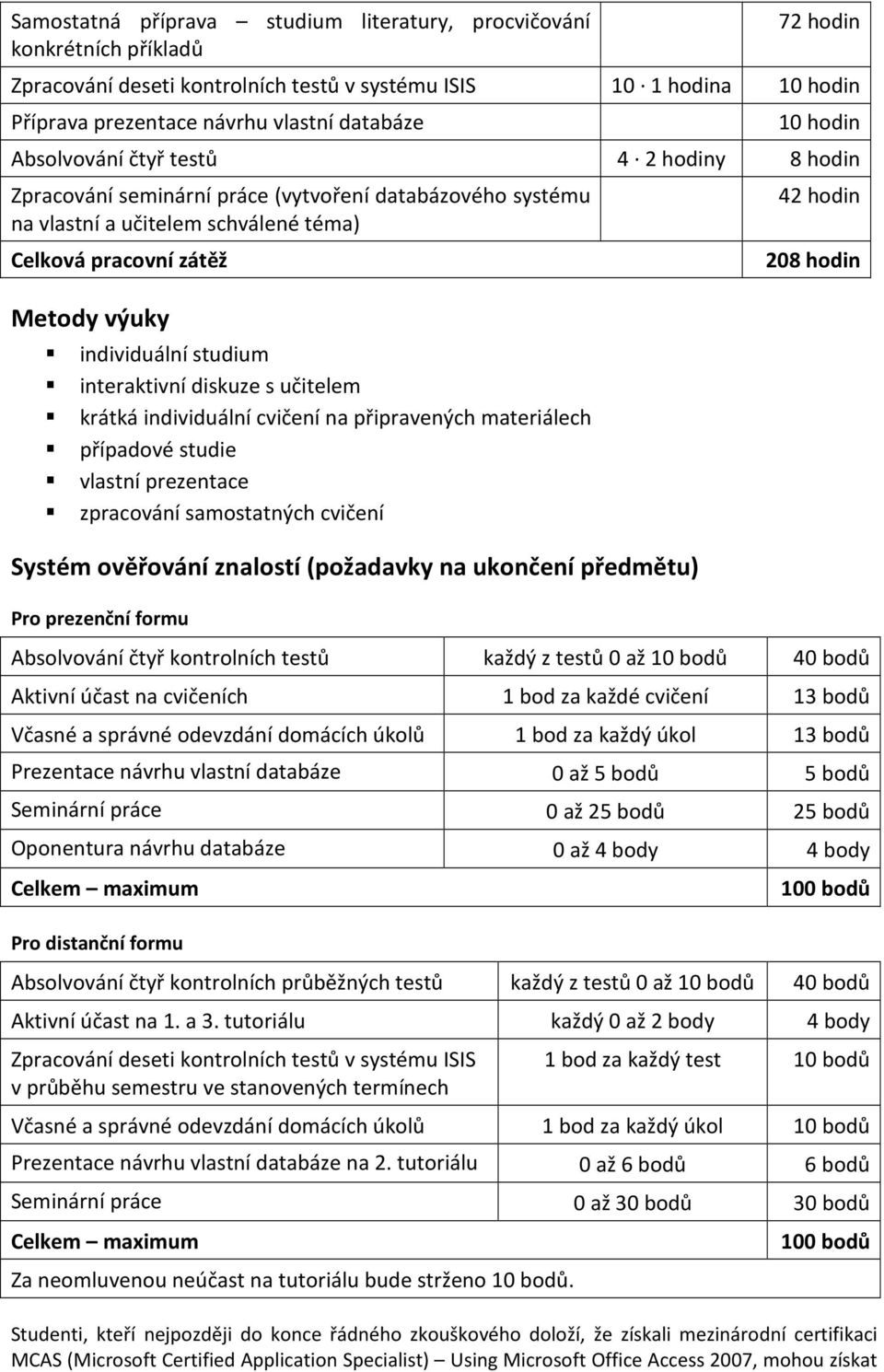 studium interaktivní diskuze s učitelem krátká individuální cvičení na připravených materiálech případové studie vlastní prezentace zpracování samostatných cvičení Systém ověřování znalostí