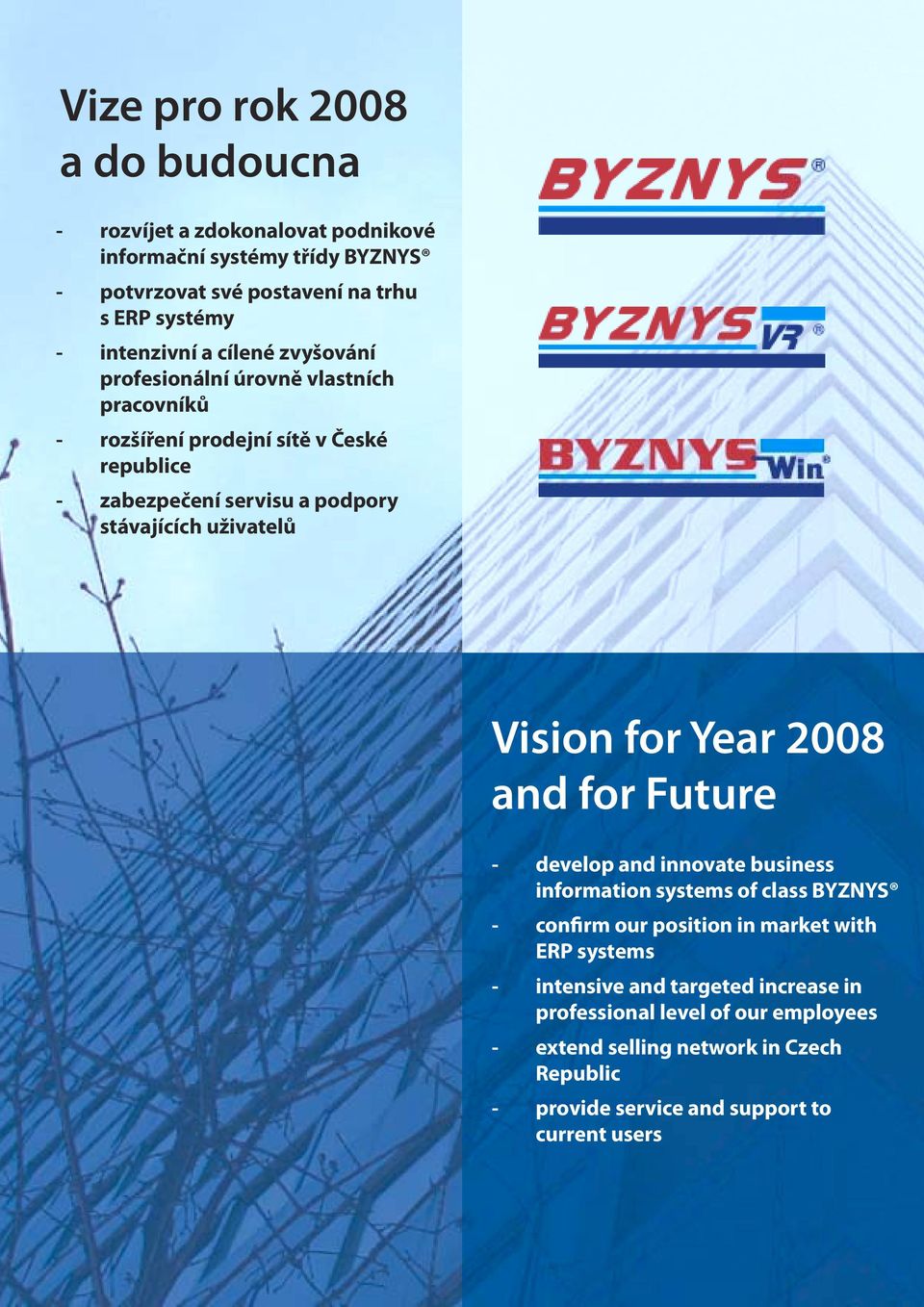 uživatelů Vision for Year 2008 and for Future - develop and innovate business information systems of class BYZNYS - confirm our position in market with ERP