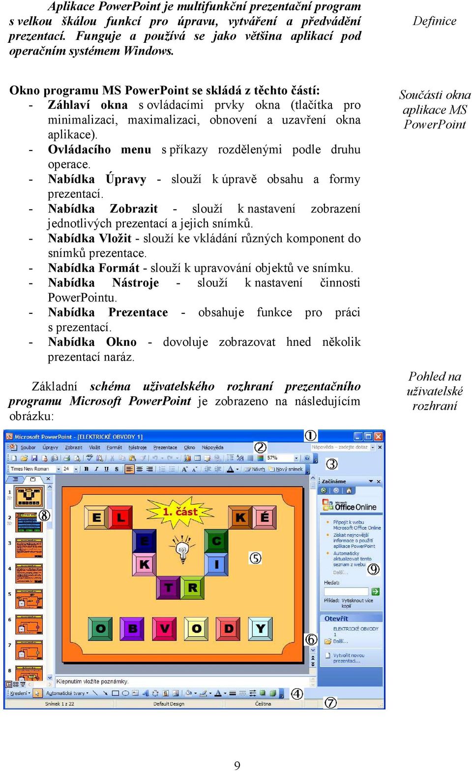 - Ovládacího menu s příkazy rozdělenými podle druhu operace. - abídka Úpravy - slouží k úpravě obsahu a formy prezentací.