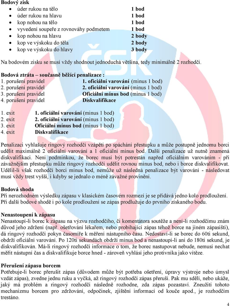 oficiální varování (minus 1 bod) 2. porušení pravidel 2. oficiální varování (minus 1 bod) 3. porušení pravidel Oficiální mínus bod (minus 1 bod) 4. porušení pravidel Diskvalifikace 1. exit 1.