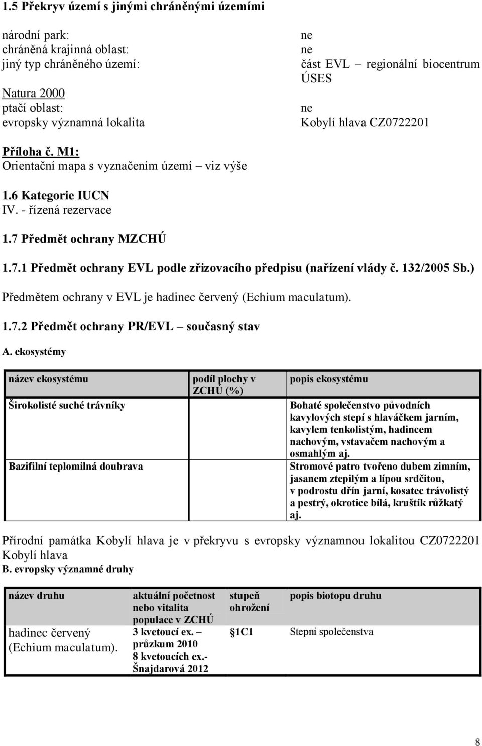 132/2005 Sb.) Předmětem ochrany v EVL je hadinec červený (Echium maculatum). 1.7.2 Předmět ochrany PR/EVL současný stav A.