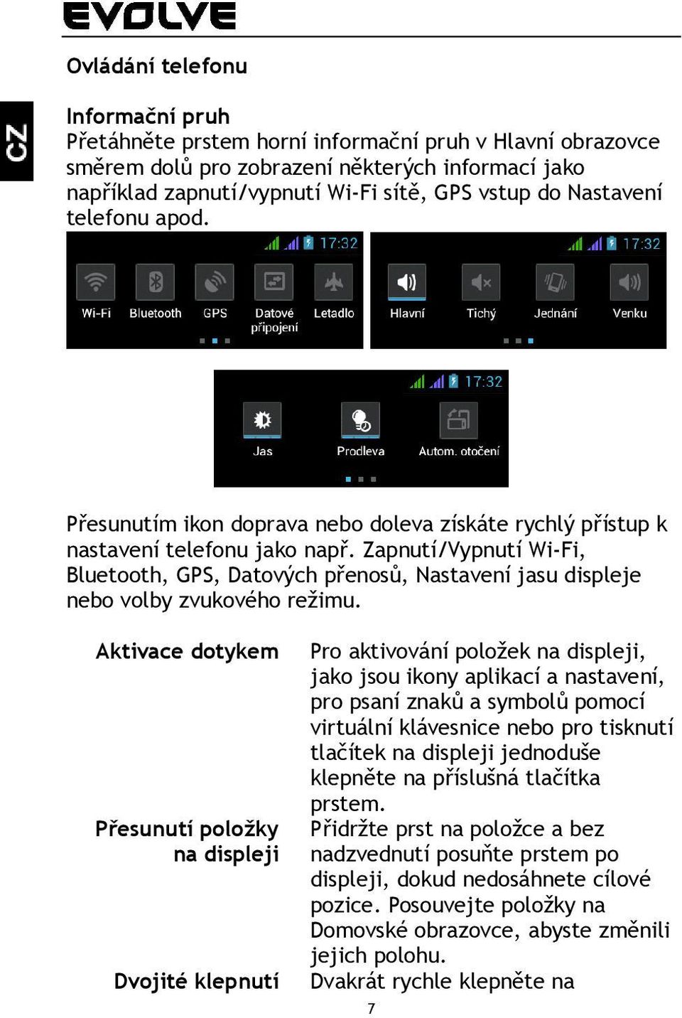 Zapnutí/Vypnutí Wi-Fi, Bluetooth, GPS, Datových přenosů, Nastavení jasu displeje nebo volby zvukového režimu.