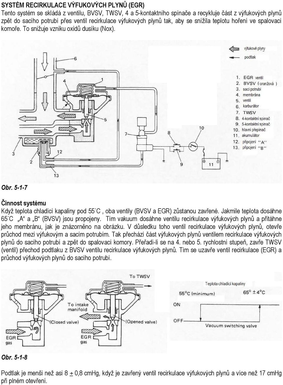 5-1-7 Činnost systému Když teplota chladící kapaliny pod 55 C, oba ventily (BVSV a EGR) zůstanou zavřené. Jakmile teplota dosáhne 65 C A a B (BVSV) jsou propojeny.