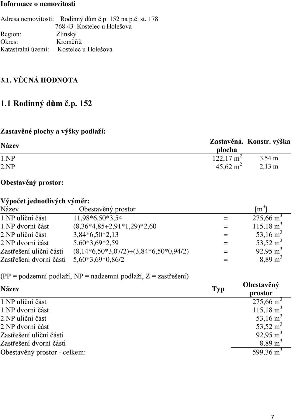 NP 45,62 m 2 2,13 m Obestavěný prostor: Výpočet jednotlivých výměr: Název Obestavěný prostor [m 3 ] 1.NP uliční část 11,98*6,50*3,54 = 275,66 m 3 1.