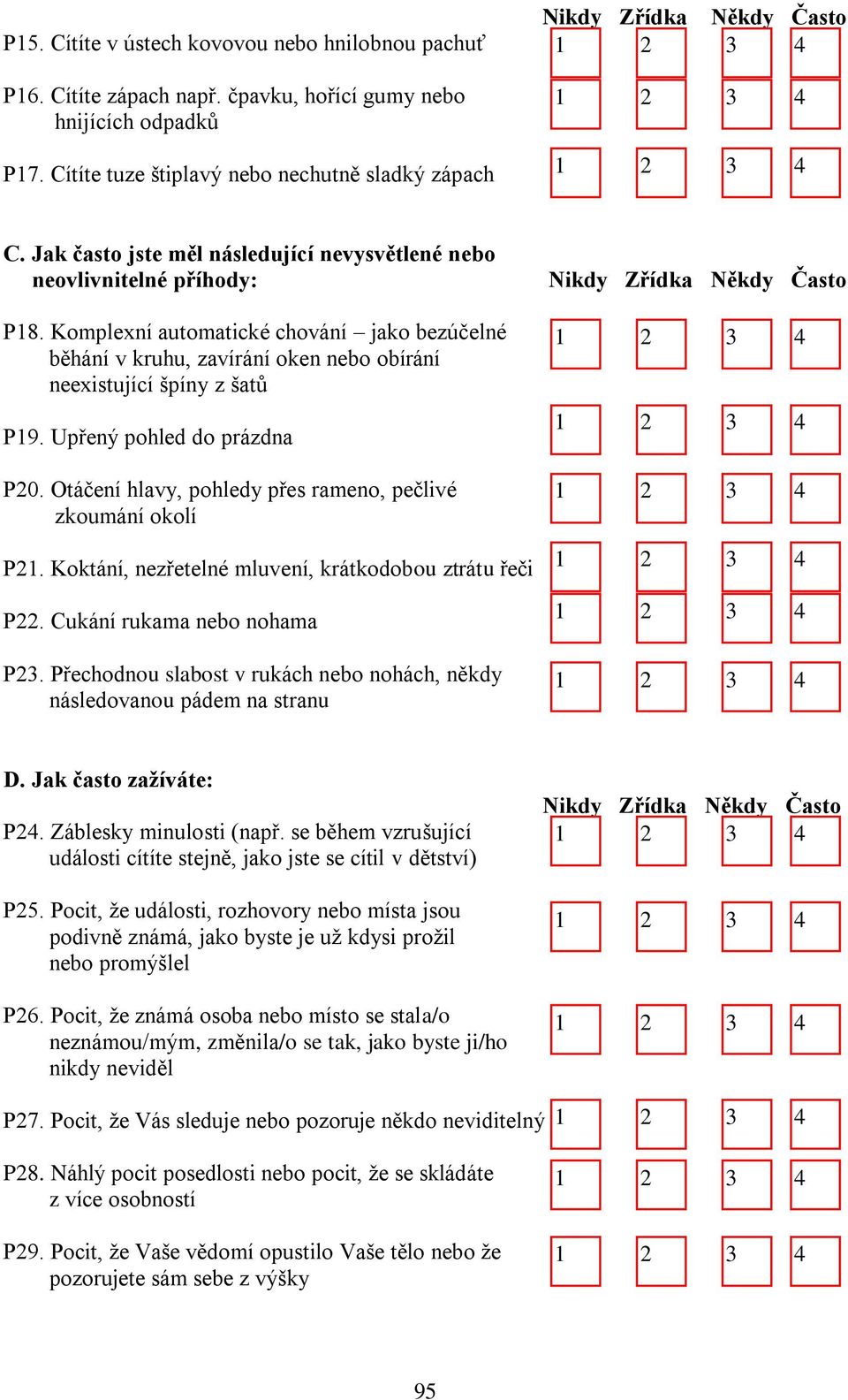 Upřený pohled do prázdna P. Otáčení hlavy, pohledy přes rameno, pečlivé zkoumání okolí P. Koktání, nezřetelné mluvení, krátkodobou ztrátu řeči P. Cukání rukama nebo nohama P.